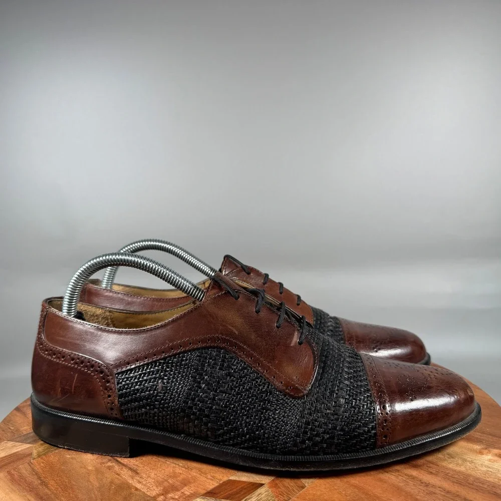 Johnston & Murphy Cellini Mens 9 M Brown Black Woven Leather Cap Toe Oxford